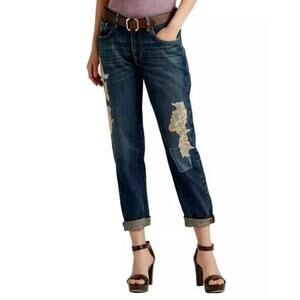 Lauren Ralph Lauren Mid Rise Relaxed Tapered Leg Jeans with Lace Appliqué - Sz 6
